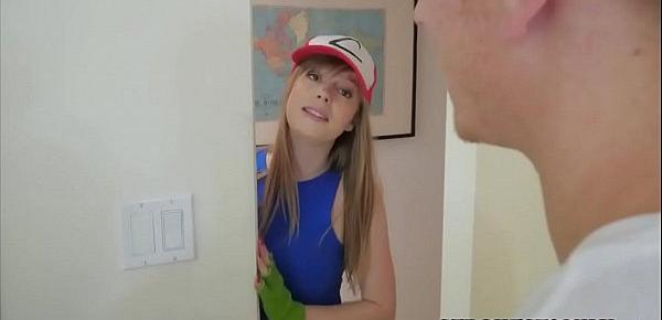  Cute stepsister playing Pokemon Go and fucks with stepbro